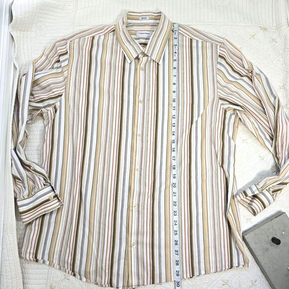 Calvin Klein Long Sleeve Dress Shirt Mens XL Button Down Striped Brown White Red - Picture 3 of 9